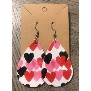 Red Pink Black White Teardrop Faux Leather Hearts Silver Hardware USA Valentines
